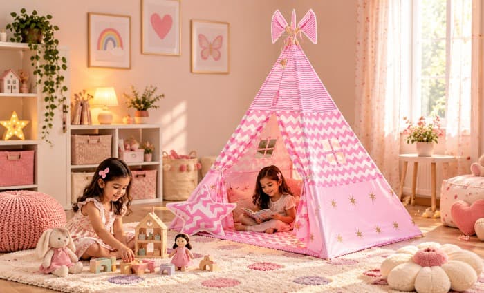Girls play area ideas featuring a pink teepee tent, with one girl reading a book inside and another playing with toys in a pastel playroom