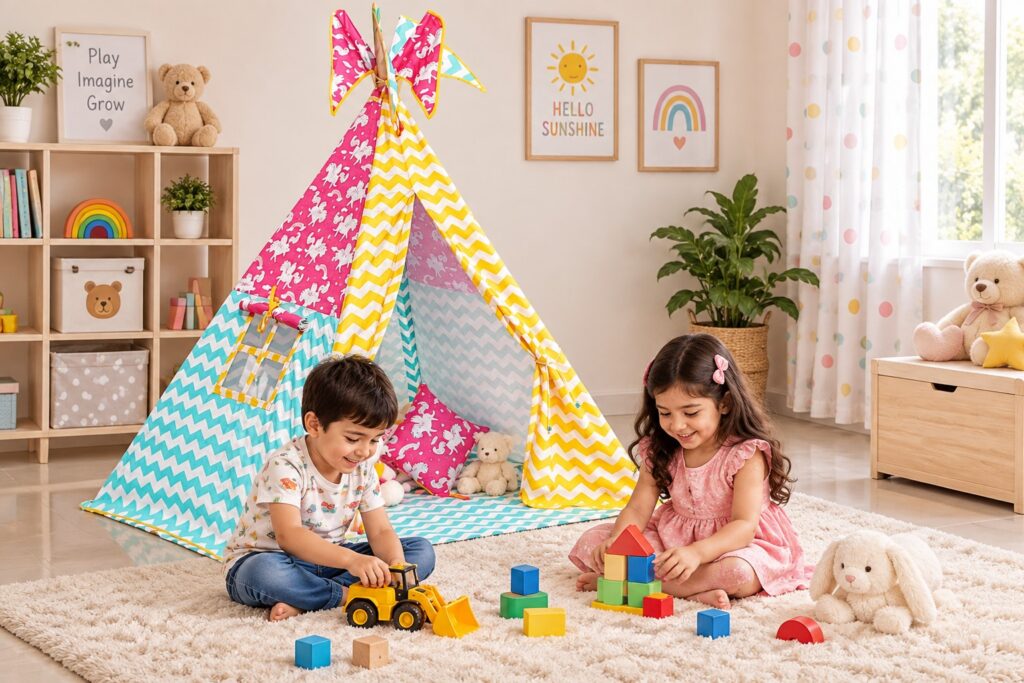 Colorful foldable tent house for kids in a bright playroom with two children playing with toys
