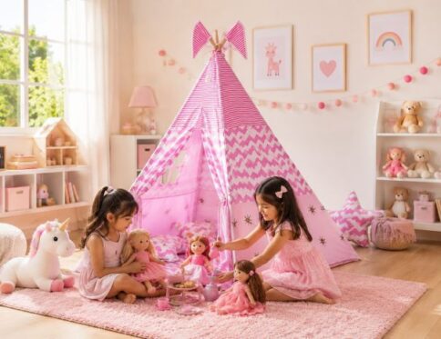 two girls happily playing in their pink teepee tent for girls