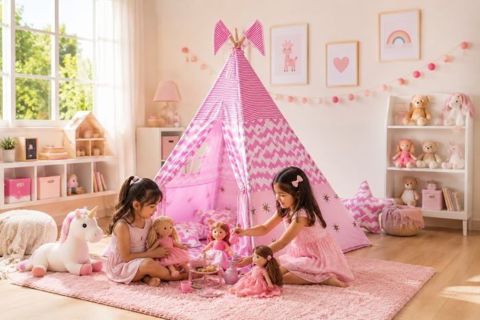 a kids room with a pink teepee tent house and kids playing in their tent house for girls
