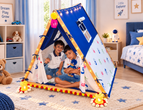 Diwali gifts for kids featuring two boys playing inside a bright blue and white kids tent