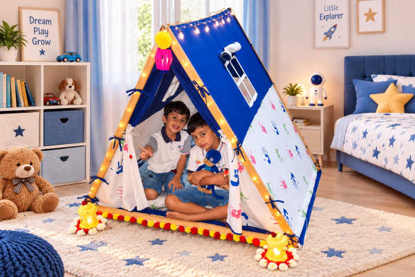 Diwali gifts for kids featuring two boys playing inside a bright blue and white kids tent