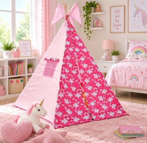 Unicorn theme tepee tent set up in a kids room